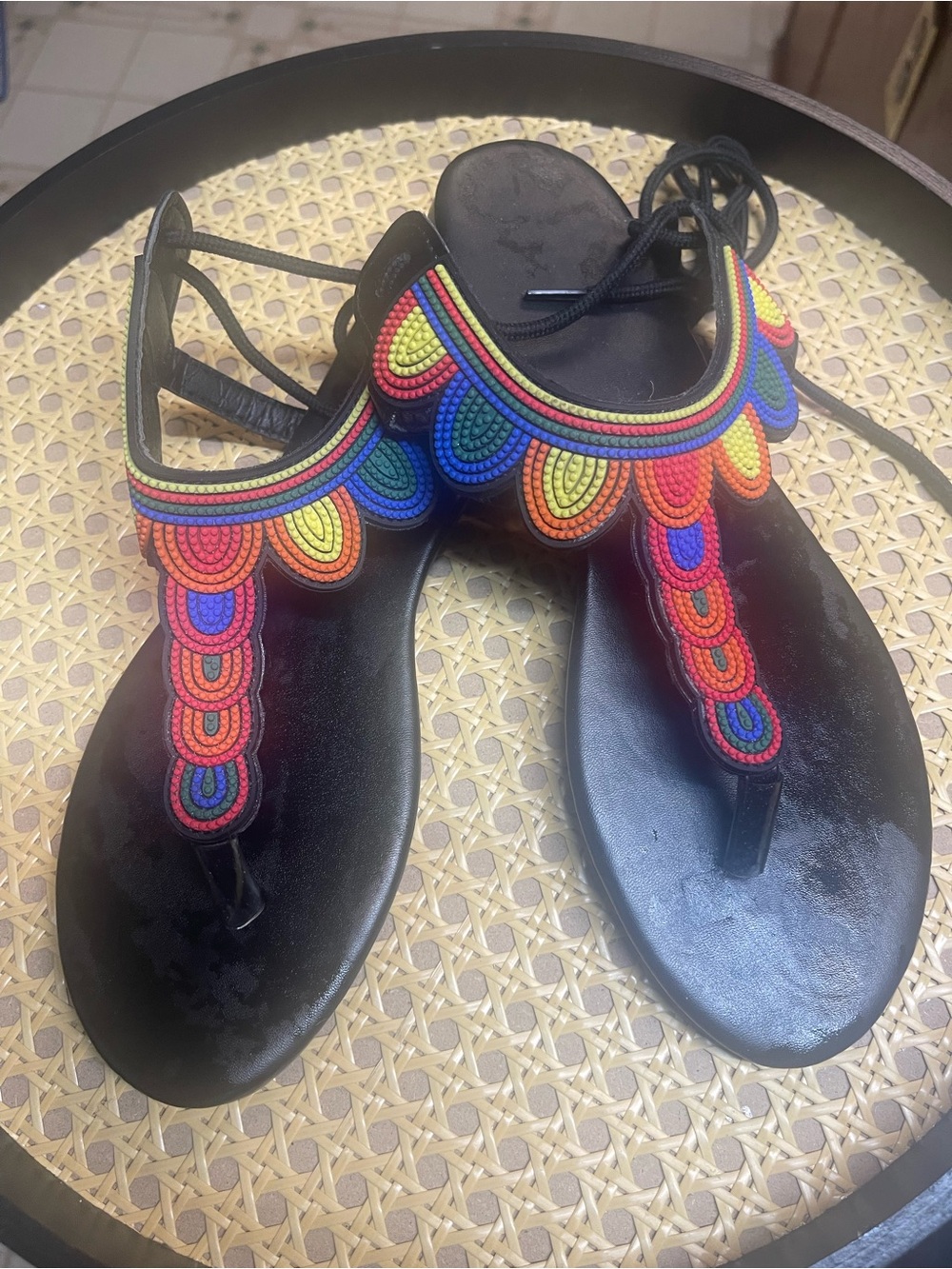 Black Beaded T-strap Sandals with Rainbow Accents